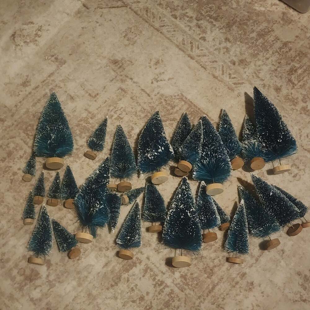 Assorted Miniature Flocked Bottle Brush Christmas Trees, Wooden Base